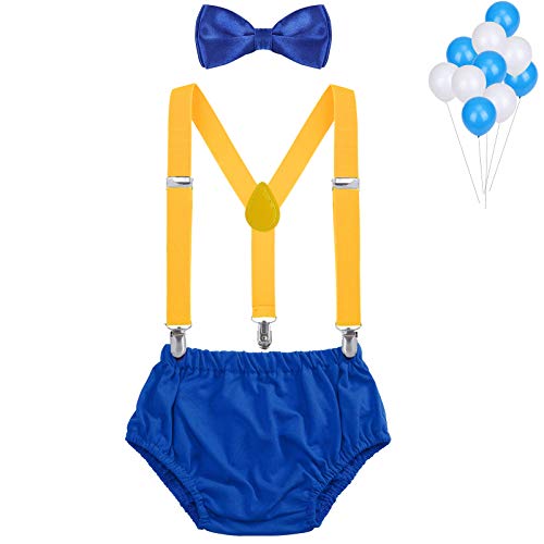 WELROG Ragazzi Vestito Smash Cake - Bretelle a Y regolabili/Bretelle e Papillon (Blu reale + Giallo + Blu reale)