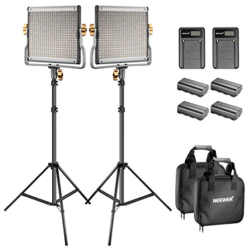 Neewer (2 Pack) Bicolore LED 480 Video Light e Kit Stand con Batteria e Caricabatterie per Studio, Ripresa di Video YouTube, Struttura in Metallo Durevole, con Staffa a U e Barndoor