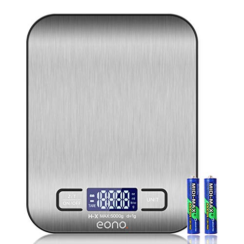 Eono by Amazon - Bilancia digitale da cucina, in acciaio inossidabile, pesa in grammi e once, 5 kg / 1 g, garanzia 15 anni