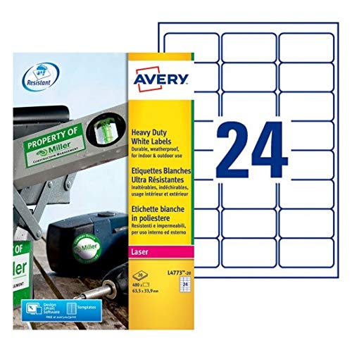 Avery L4773-20 - Etichetta ultraresistente per stampante laser, 63,5 x 33,9 mm, confezione da 4800, colore: Bianco