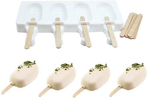 Shenlu Stampo in Silicone per Gelato, con 8 Bastoncini di plastica, 4 stampi Classico Ovale per Gelato, Bianco