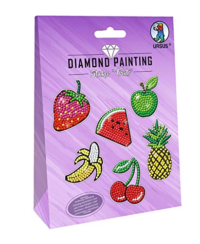 URSUS Diamond Painting Sticker Fruits-Set di 2 Fogli Scintillanti 15 x 10 cm con Diversi Disegni, Strass, Picker, Cera e Ciotola, Multicolore