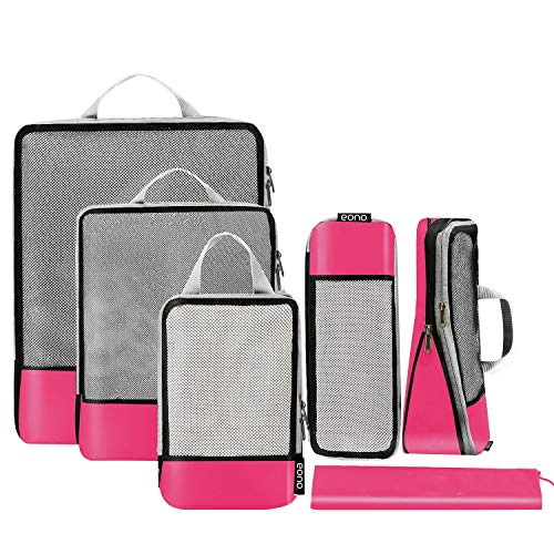 Eono by Amazon - Organizzatori da Viaggio a Compressione, Organizer per Valigie, Organizer Valigia Set, Cubo di Viaggio, Cubi di Imballaggio, Compression Packing Cube, Fucsia, 6 Set