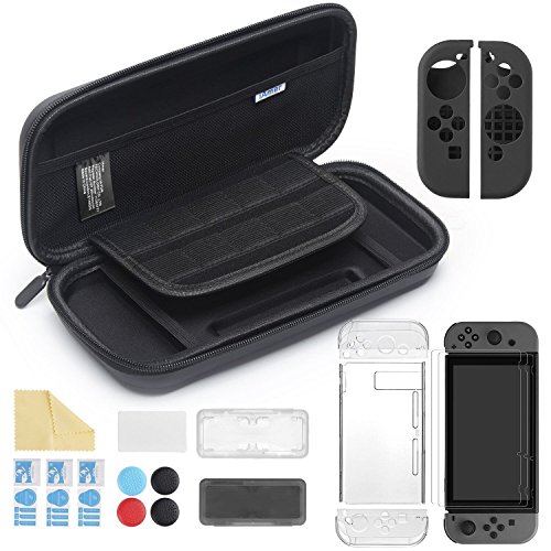 iAmer Kit 11 in 1 Accessori per Nintendo Switch,Custodia per Nintendo Switch,Custodia Trasparente,3 Pellicole Protettive,Case Protettivo in Silicone,Joy-con Thumb Grip,2 Custodia Giochi,Panno Pulizia