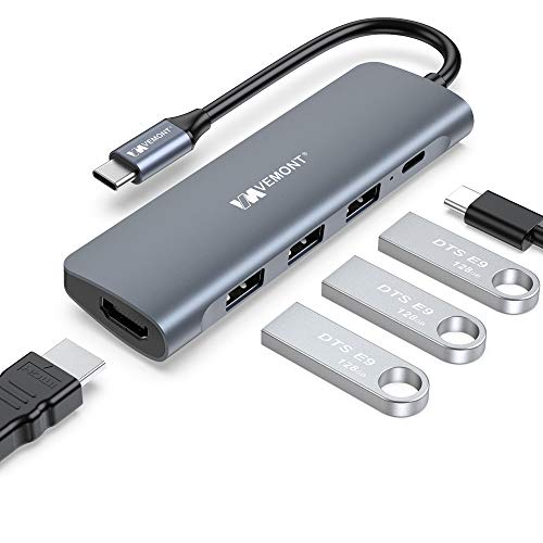 VEMONT USB C Hub, 5 in 1 Aluminum Type C Multiport Adapter to HDMI 4K with 3 Ports USB 3.0, 100W USB C Power Delivery(PD) Charger, Compatible for Laptop MacBook Air/PRO iPad XPS And More USB C Device