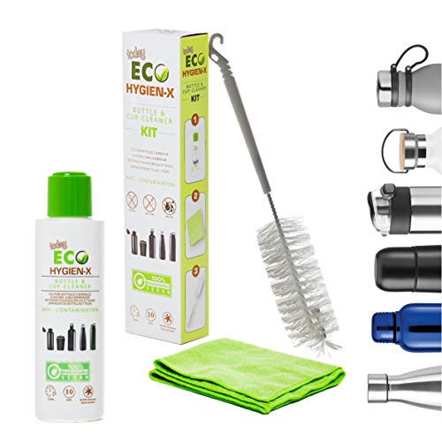 Eco Today Hygien-X - Kit Pulisci Boraccia Termica + Scovolino Bottiglie (32cm) e Panno. Made in Italy. Ideale per borracce in Acciaio e plastica. Naturale e Biodegradabile