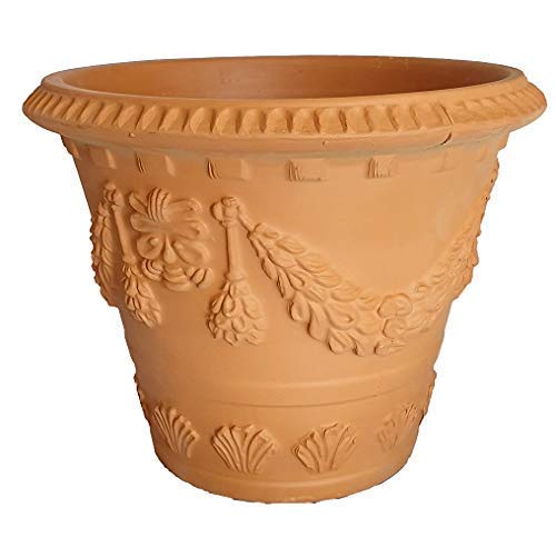 VASO CON FESTONI IN RILIEVO IN TERRACOTTA PER PIANTE E FIORI. DIAMETRO CM. 42, ALTEZZA CM. 33. MADE IN ITALY. GIARDINAGGIO