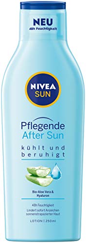 Nivea Sun Lozione nutriente dopo il sole (250 ml), lozione con effetto calmante sulla pelle dopo il bagno di sole, After Sun con aloe vera biologica e ialuronico per 48 ore di umidità.