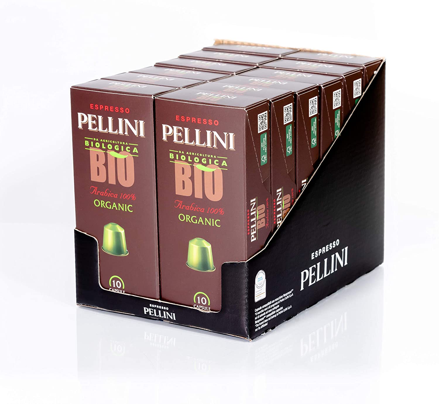 Pellini Bio Caffè Arabica 100%, Capsule Compatibili Nespresso, Compostabili e Autoprotette, 12 Astucci da 10 Caspsule, 120 Capsule