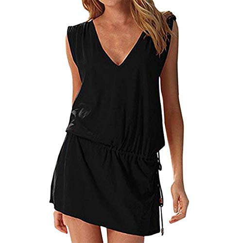 Moceal Vestito Senza Maniche Donna Estate Sexy Spiaggia Casual Abito Schienale Copricostume Mare Vestiti Taglie Forti da Cocktail Cerimonia Partito Cover Up Dress Senza Maniche Beachwear (Nero)