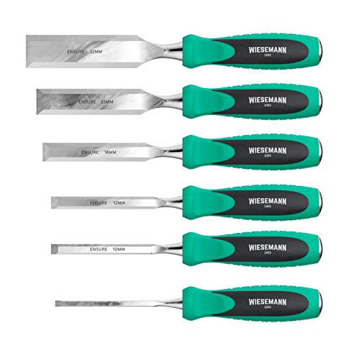 Set di 6 scalpelli da legno in acciaio Q50 inossidabile 6, 10, 12, 18, 25, 32 mm con pratica valigetta WIESEMANN 1893 I serie ENSURE I 81284