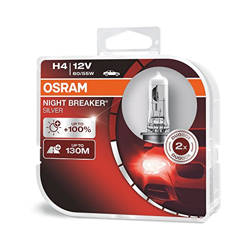 OSRAM NIGHT BREAKER SILVER H4, +100% di luce, lampada da proiettore alogena, 64193NBS-HCB, 12V, auto, duo box (2 lampade)