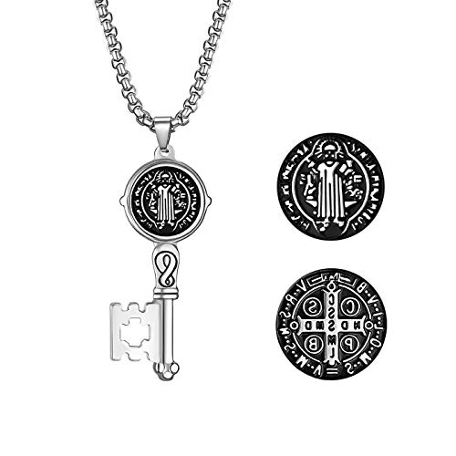 JewelryWe Collana con Medaglia di San Benedetto, Ciondolo con Croce Cattolica, Protezione, Esorcismo, in Acciaio Inossidabile, Forma Chiave, Colore Argento e Oro