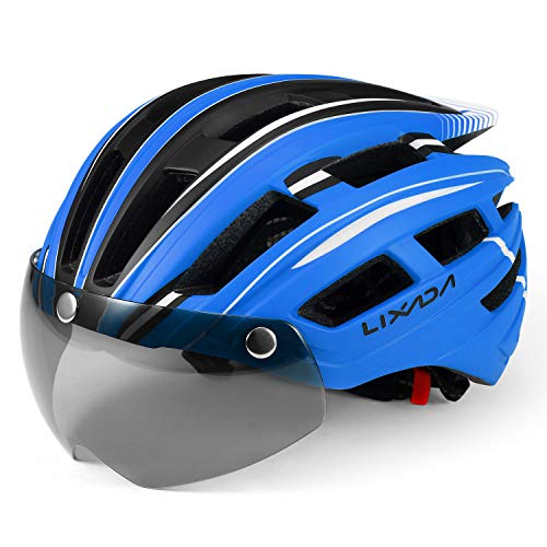 Lixada Mountain Bike Helmet Casco da Motociclismo con Luce Posteriore Staccabile Visiera Magnetica UV Protettiva (Blu Nero Bianco)