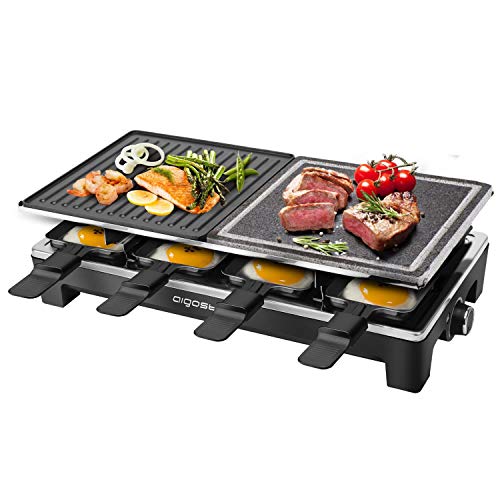 Aigostar Kabul 30REL - Grill Elettrica, raclette con pietra naturale e griglia in acciaio inossidabile reversibile, 1500W. Include 8 mini padelle. Termostato regolabile completamente rivestito.