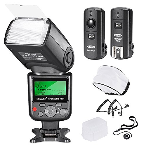 Neewer Kit di 750II Flash Speedlite TTL con LCD Display per Nikon DSLR Include: (1)Flash TTL 750II, (1)Trigger Wireless 2.4G con Cavo N1/N3, (1)Diffusore Morbido/Rigido, (1)Copriobiettivo