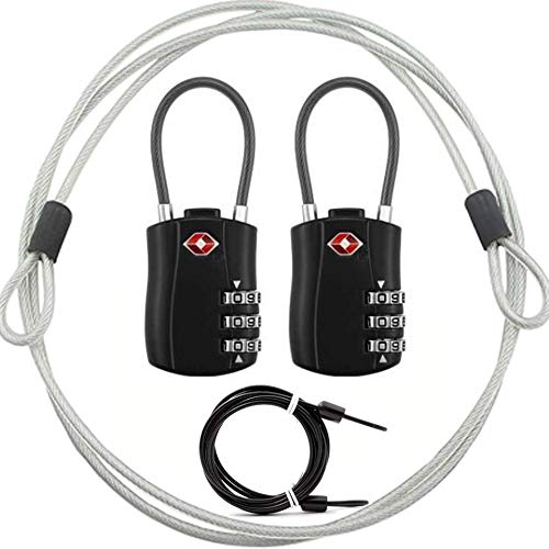 TSA Luggage Locks, Lucchetti a combinazione cifre e cavo in acciaio con lucchetto di sicurezza da viaggio, lucchetto da viaggio con codice Nero Confezione da 2. l-large