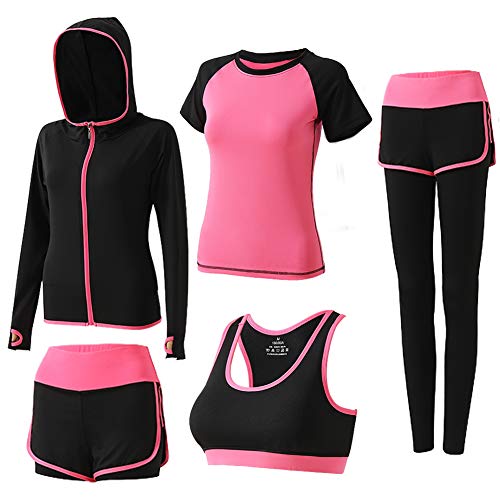BOTRE 5 Pezzi Tute da Ginnastica Donna Tute Sportive Yoga Fitness Palestra Running Jogging Completi Sportivi Abbigliamento (Rosa Rossa 03, M)