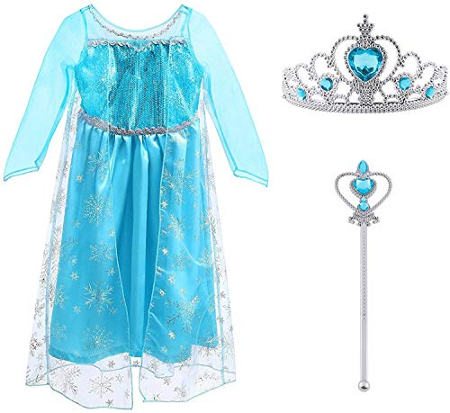 Vicloon Elsa Costume, Set da Principessa Elsa Corona Bacchetta Guanti Treccia,Ragazze Elsa Principessa delle Neve Abiti Partito Vestito Costume
