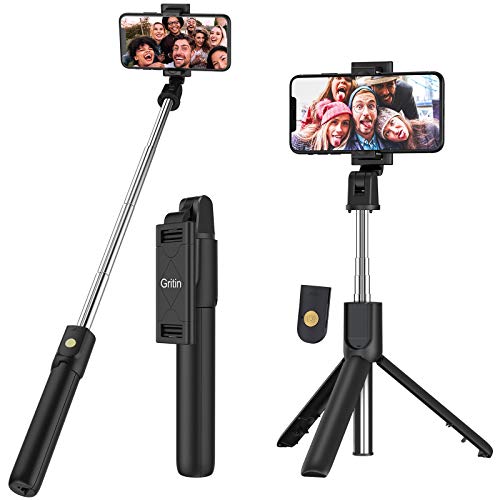 Gritin Bastone Selfie, 3 in 1 Bastone Selfie Bluetooth Treppiede Selfie Stick Estensibile Portatile con Telecomando Wireless Rimovibile & Treppiedi Stabile