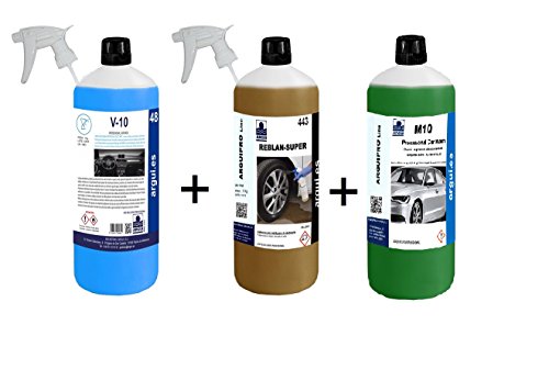 ARGUIPRO Line Super Reblan M10 V10 Set Professionale 1 detergente per Cerchioni, 1 detergente per carrozzeria Neutro, 1 detergente per vetri e cruscotto, Bottiglie da 1 litro