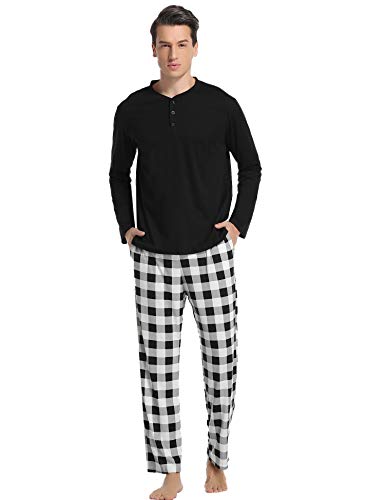 Vlazom Men's Fleece Pyjama Set Sleepwear Loungewear PJ Set Long Sleeve Top And Check Bottoms