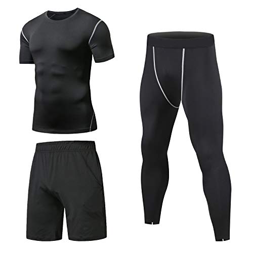 Niksa 3 Pezzi Fitness Palestra Completi Sportivi da Uomo Abbigliamento Sportivo,Compressivo Maglie e T-Shirt Pantaloni Collant a Compressione Vestiti (M, Short Sleeve(163515NEW))