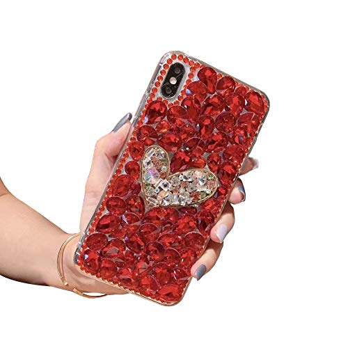 Ostop Custodia Diamante per Huawei P40 PRO Cover Brillante 3D Strass Cristallo Fatto a Mano,Custodia Ragazza Moda Dura PC Indietro Caso,Scintillio Love Cuore Lucida Cover,Rosso