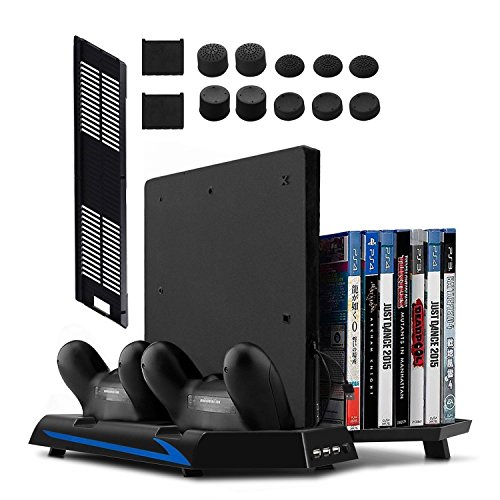 Younik PS4 / PS4 Slim Supporto Verticale con Ventola di Raffreddamento, Ventole Ricarica per Dual Controller , 14 Slot Game Storage e 3 Porte USB per Playstation 4 / Playstation 4 Slim