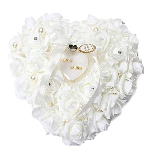 Wakects Cuscino per FEDI Nuziali, Romantico Scatola per Anelli di Cuore, a Forma di Cuore con Rose, Porta FEDI Nuziali, Satin Flora Gioielli di Nozze Accessori, 24 x 25 cm, biano