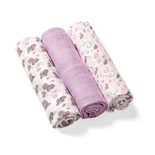 Mussole Neonato Bamboo, set 3 pezzi 70x70, Morbide, Sicure, Copertine Next2me, Biancheria Culla, Lenzuolino Passeggino, Teli Ovetto, Swaddle, Asciugamani Bebè, Fasciatura, Idea Regalo Nascita (Rosa)