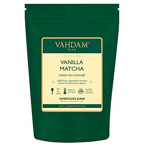 VAHDAM, tè verde alla vaniglia matcha (50 tazze) 100 g | Polvere di tè matcha 100% di origine giapponese | ANTI-OSSIDANTI 137x | Tè verde per perdita di peso e disintossicazione quotidiana