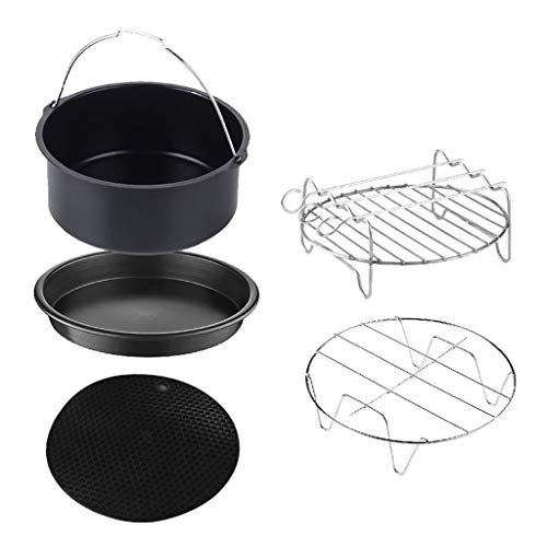 Xuebai 5 Pezzi/Set Accessori per friggitrici ad Aria da 7 Pollici Cottura della Pizza Teglia per Torta Barrel Grill Rack Isolante Mat Nero + Argento