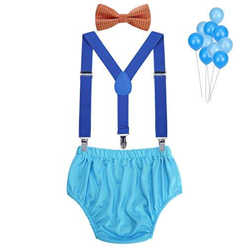 WELROG Ragazzi Vestito Smash Cake - Bretelle a Y regolabili/Bretelle e Papillon (Punto d'onda arancione+Blu reale+Blu cielo)