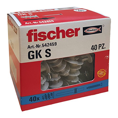 Fischer 542459 40 Tasselli GK con Vite specifici per Cartongesso, Include Accessorio di Montaggio, Grigio, pz, Set di 40 Pezzi