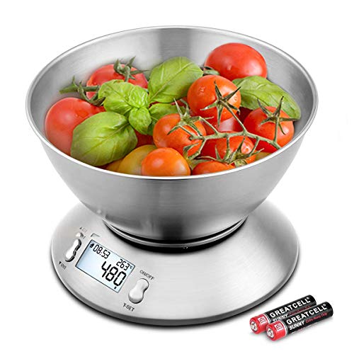 Uten Bilancia da Cucina Digitale Elettronica 5kg con Ciotola in Acciaio Inossidabile da 2 Litri Display LCD, Color Argento
