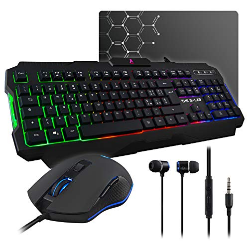 THE G-LAB Combo Helium - Bundle per Gaming 4 in 1 - Tastiera Gamer Italiana Retroilluminata, Mouse Gamer 3200 DPI, Cuffie Auricolari, Tappetino Mouse Antiscivolo - PC Mac PS4 Xbox One Gaming Pack