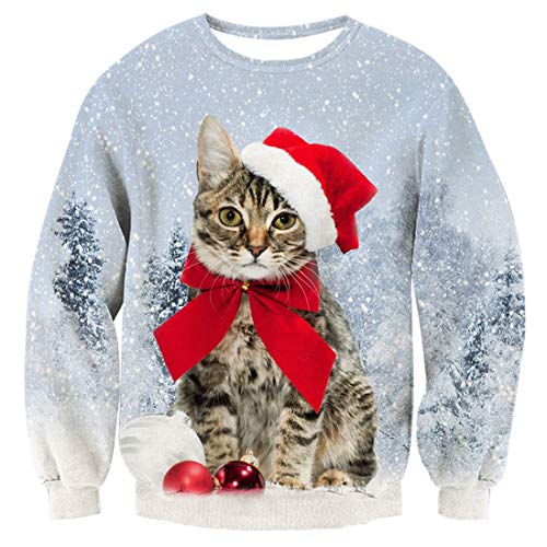 TUONROAD Donna Christmas Sweatshirt Gatto 3D Stampato Ugly Xmas Pullover Uomo Crewneck Funny Sweater Maglione di Natale Unisex - L
