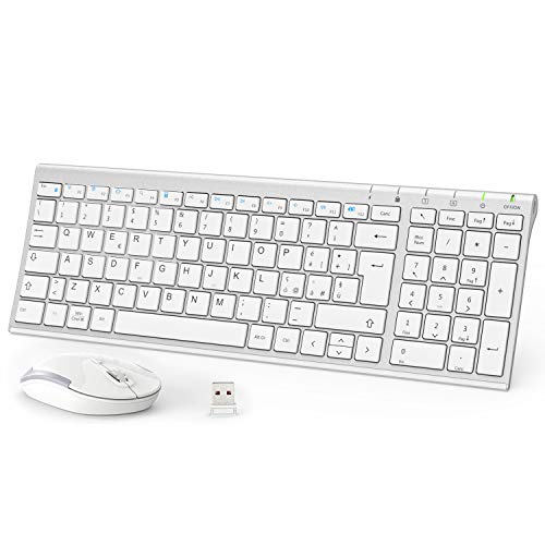 iClever Tastiera e Mouse Wireless - Tastiera e Mouse Portatili Wireless 2.4G, Batteria Ricaricabile Design Ergonomico Dimensioni Regolari Sottile Connessione Stabile DPI Regolabile (Argento e Bianco)