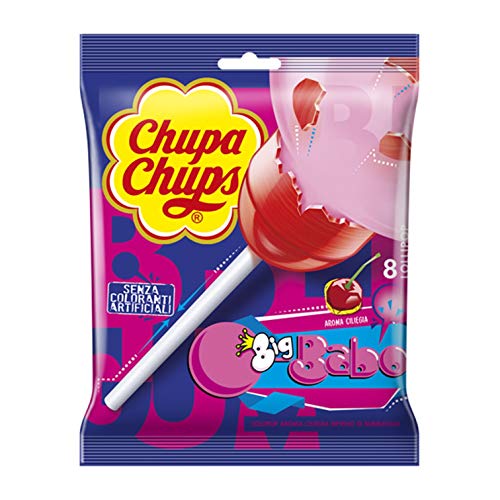 Chupa Chups Lecca Lecca Bubblegum, Maxi Lollipop Gusto Ciliegia con Ripieno Bubble Gum, senza Glutine, 8 Lollipops Monopezzi