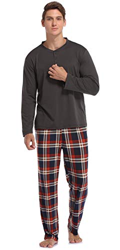 Vlazom Men's Pajamas Set Long Soft PJ Top And Plaid Pants for Sleepwear Loungewear S-XXL