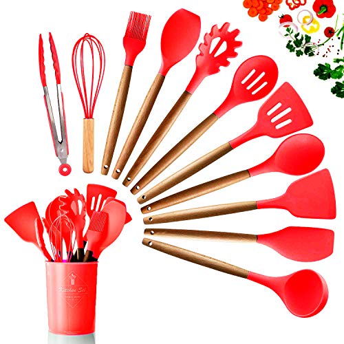 DOPGL Set di 11 Utensili da Cucina in Silicone, Resistenti al Calore, con Manici in Legno, Senza BPA, in Silicone atossico, spatola, Cucchiaio, Utensili da Cucina per antiaderenti Rosso