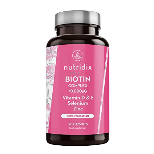Biotina 10.000 Complex - Mantenimento dei Capelli e delle Unghie Normali - Biotina con Zinco, Selenio, Vitamine D ed E - 120 Capsule Nutridix