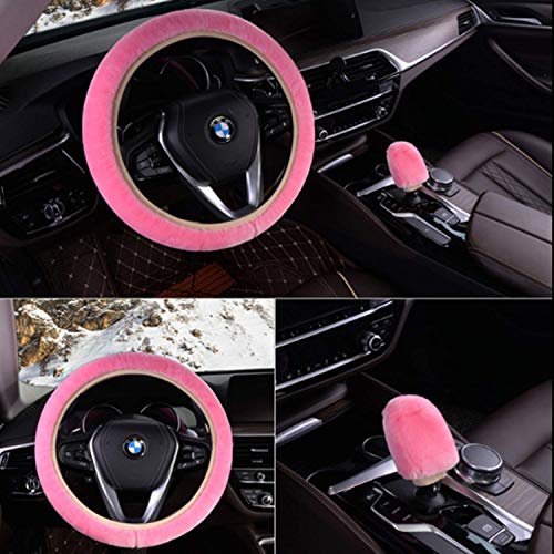 Coprivolante per Auto,3pcs Coprivolante Peluche Coperchio Freno a Mano,Coprivolante Protettivo Caldo per l'inverno,Universale 37-39cm (rosa)