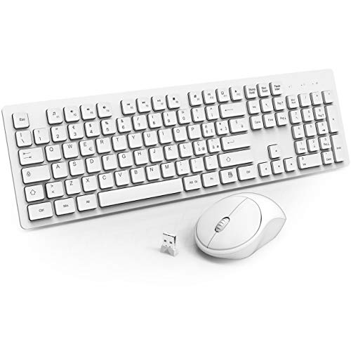 WisFox Combinazione di Tastiera Mouse Senza Fili, 2.4GHz Slim Full-Size Avanzato Combo Tastiera Mouse Wireless con Ricevitore Nano USB per Laptop, PC - Bianco