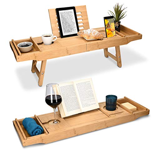 Navaris Vassoio Vasca Colazione Letto - Mensola Vasca da Bagno in bambù - Mensola Allungabile 75cm-108cm con Leggìo Integrato Vani Laterali - Legno