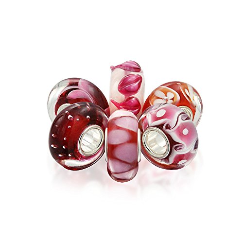 Bling Jewelry Pink Red White Murano Glass Mix of 6 Sterling Silver Core Spacer Bead Fits European Charm Bracelet for Women for Teen