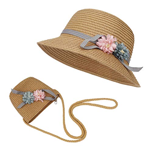 FT-SHOP Cappello da Sole per Ragazze Cappello di Paglia Cappello da Spiaggia Estivo e Mini Set di Borse con Decorativo Fiori per Vacanze attività All'aperto