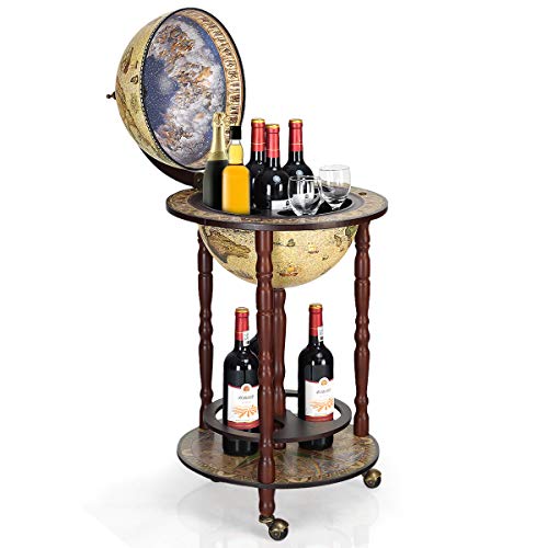 Goplus Mappamondo Bar Porta Bottiglie Scaffale per Vino in Modello Mappamondo Vintage Artistico, Supporto Robusto di Legno, con 3 Ruote 88x44,5x44,5cm