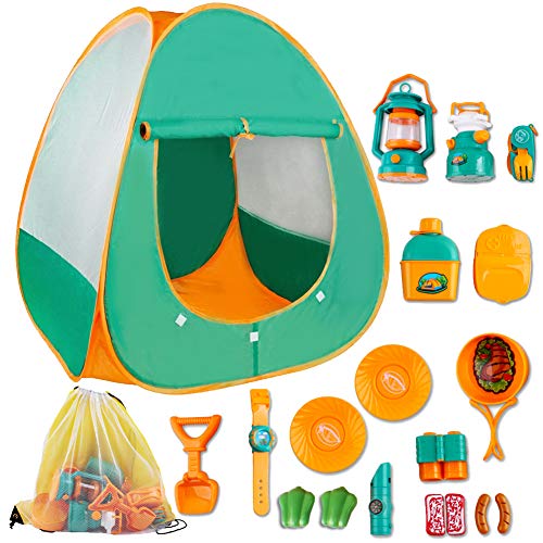 deAO Gioco di Sopravvivenza Campeggio per Bambini Set d'Imitazione Include Tenda da Campeggio Pop-Up, Lanterna, Fornelli da Campeggio e Accessori attività Ricreative al Coperto e all'Aperto